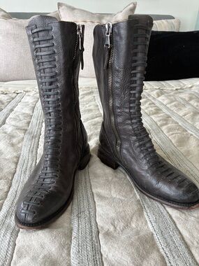 John Fluevog Brown Woven Lace-Up Mid-Calf Boots